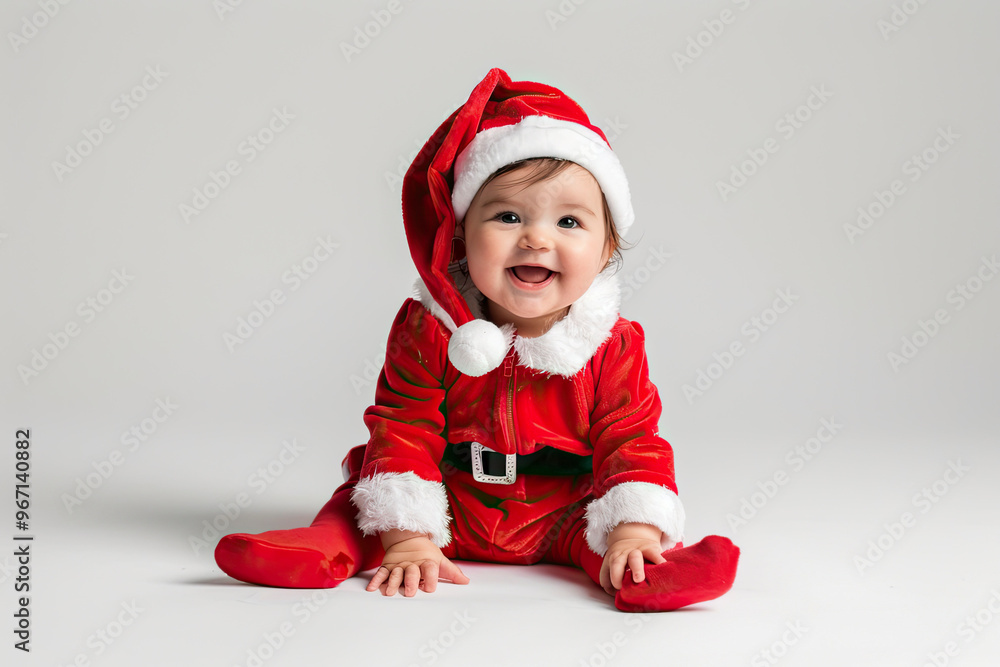 Cute baby dressed as Santa Claus sitting on a gray background. Cute baby dressed as Santa Claus sitting on a gray background.