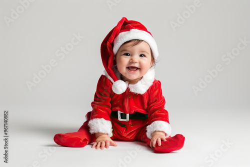 Cute baby dressed as Santa Claus sitting on a gray background.