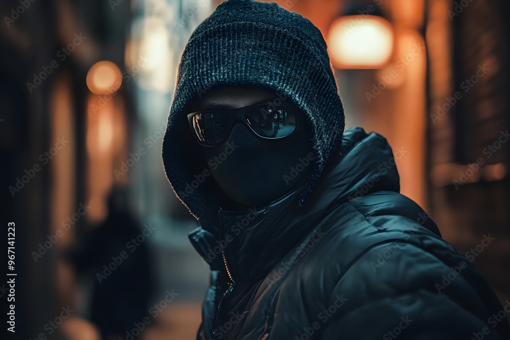 Maskierter Dieb in urbaner Umgebung mit kinoreifer Optik Maskierter Dieb in urbaner Umgebung mit kinoreifer Optik