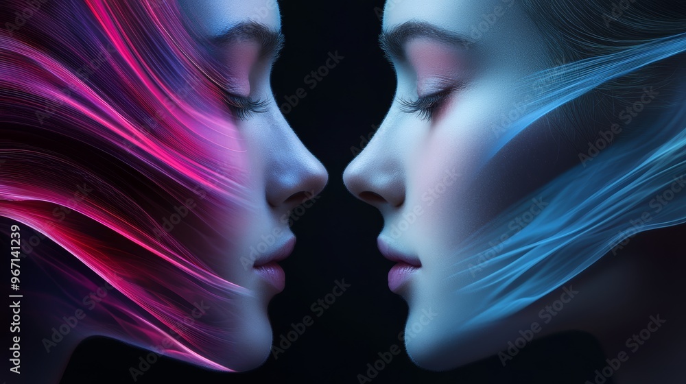 Fototapeta premium A captivating image of two ethereal faces merging with colorful light waves, representing harmony and duality in a surreal style.
