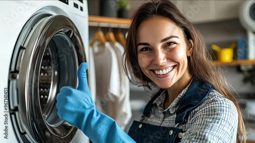 A happy young woman shows her thumbs up before cleaning. Laundry and cleaning in hotels, nursing homes