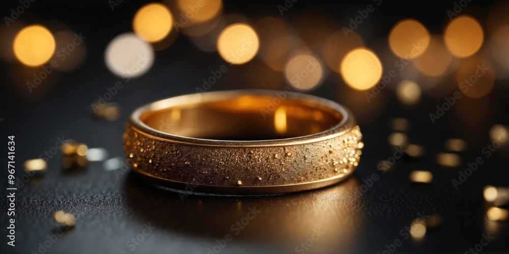 Golden Ring on a Black Background with Confetti and Light. Golden Ring on a Black Background with Confetti and Light.