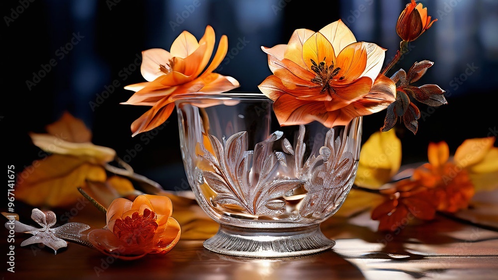 1 glass cup, glass autumn flowers 1 glass cup, glass autumn flowers