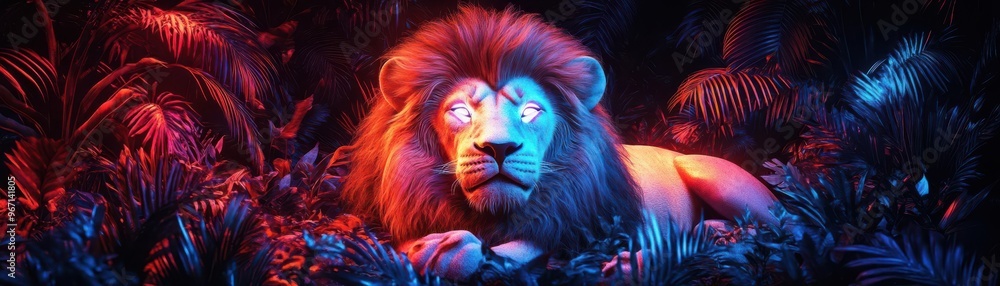 Render a vivid image of a holographic lion in a neon-lit virtual jungle Render a vivid image of a holographic lion in a neon-lit virtual jungle