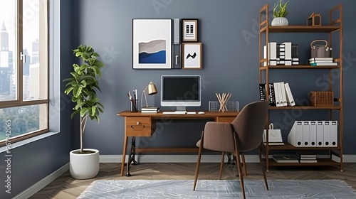 41. Modern home office setup with a comfortable chair and a well-organized desk, designed for efficient and pleasant working from home photo