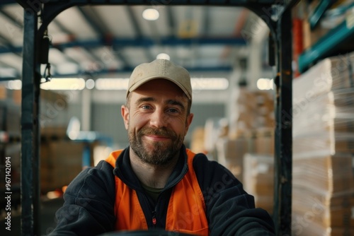 Man operating a forklift wearing an orange vest, useful for warehouse or industrial scenes photo