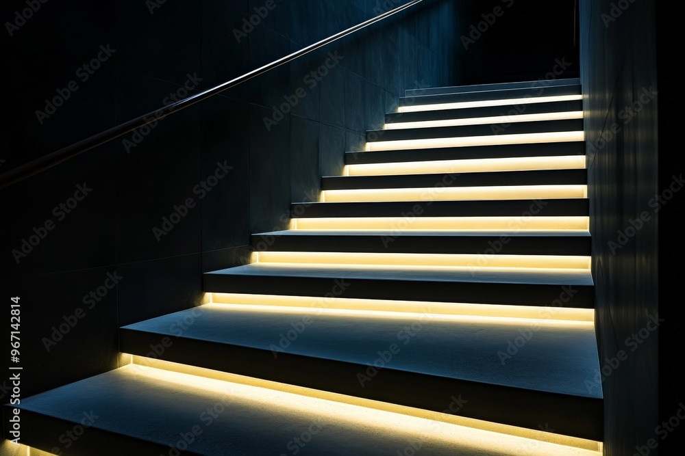 Fototapeta premium This image features a modern staircase illuminated by strategically placed lighting underneath each step, highlighting contemporary design and providing a sense of direction and sophistication.