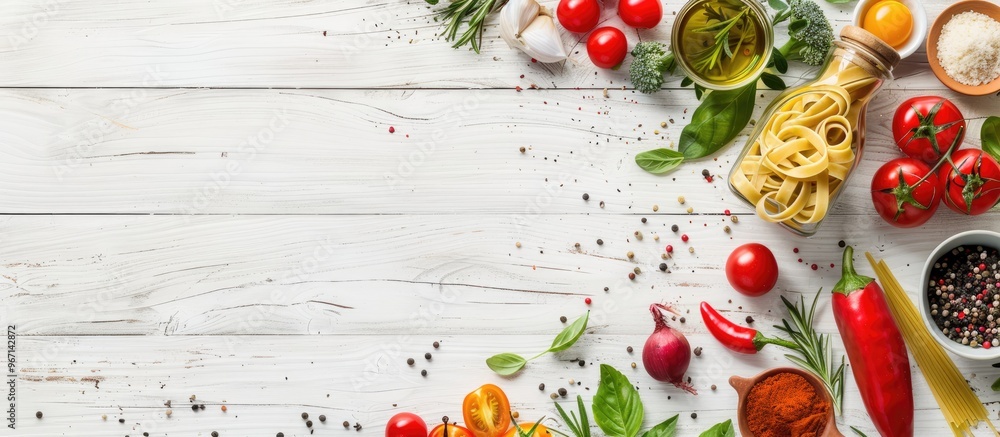 Italian ingredients for making pasta with vegetables spices and herbs displayed in a top view on a white wooden background ideal for an Italian healthy vegan meal with copy space image