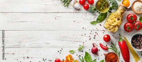 Obraz na płótnie Italian ingredients for making pasta with vegetables spices and herbs displayed in a top view on a white wooden background ideal for an Italian healthy vegan meal with copy space image w salonie
