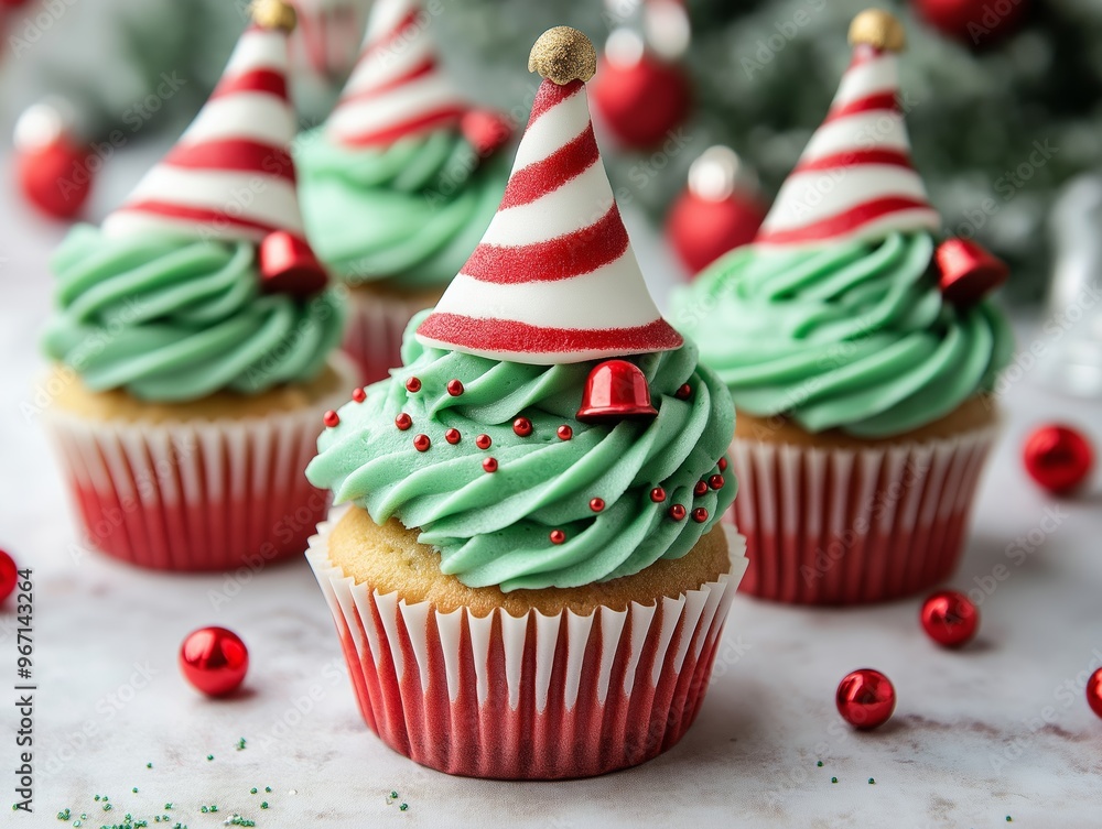 Elf hat cupcakes with green and red frosting, each topped with a fondant bell Elf hat cupcakes with green and red frosting, each topped with a fondant bell