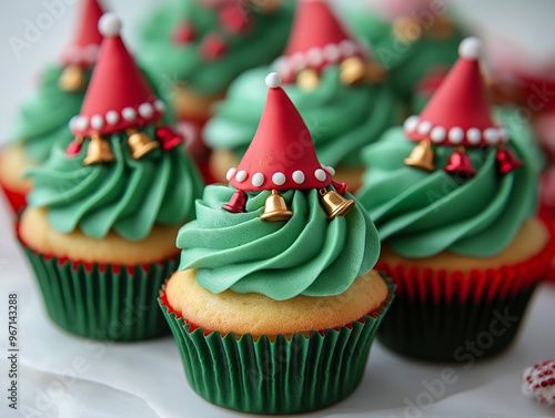 Elf hat cupcakes with green and red frosting, each topped with a fondant bell