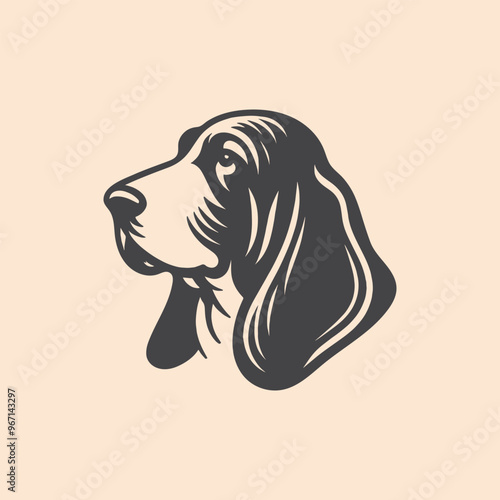 Basset hound dog. Head, face. black vector illustration, emblem, logo, print, icon.