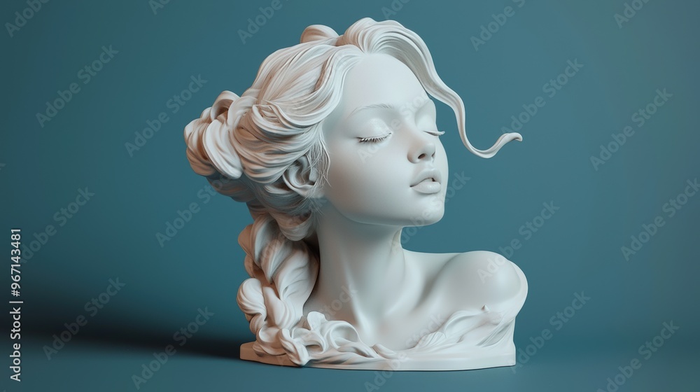 A serene and elegant white ceramic bust of woman with intricate hair details, showcasing peaceful expression against simple blue background. A serene and elegant white ceramic bust of woman with intricate hair details, showcasing peaceful expression against simple blue background.
