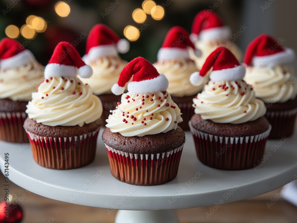 Red velvet cupcakes topped with cream cheese frosting and mini Santa hats, arranged in a circle on a cake stand Red velvet cupcakes topped with cream cheese frosting and mini Santa hats, arranged in a circle on a cake stand