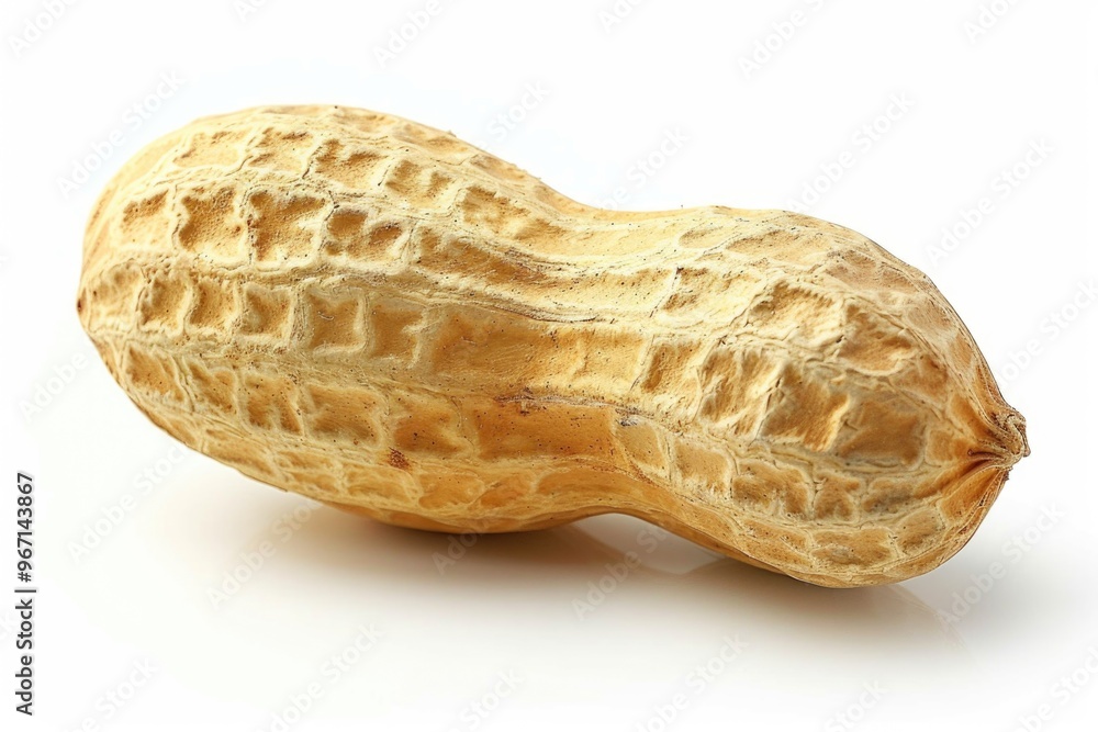 A close-up shot of a single peanut on a white background