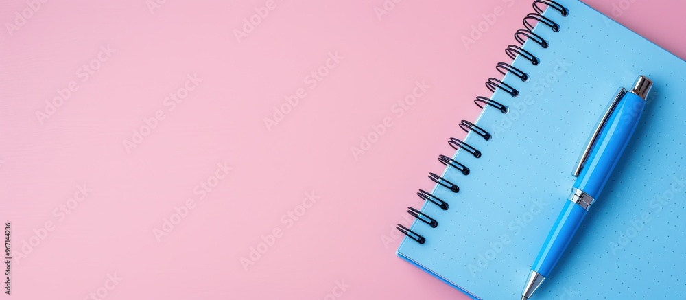 A blue pen and notebook placed on a simple pink backdrop with empty space for an image. Creative banner. Copyspace image A blue pen and notebook placed on a simple pink backdrop with empty space for an image. Creative banner. Copyspace image