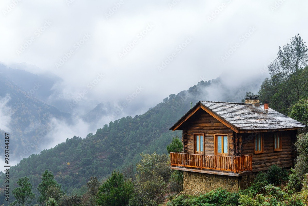 A warm wooden cabin nested on a hillside amidst lush green forest and enveloped in mist, epitomizing serenity, relaxation, and natural beauty in a picturesque setting. A warm wooden cabin nested on a hillside amidst lush green forest and enveloped in mist, epitomizing serenity, relaxation, and natural beauty in a picturesque setting.