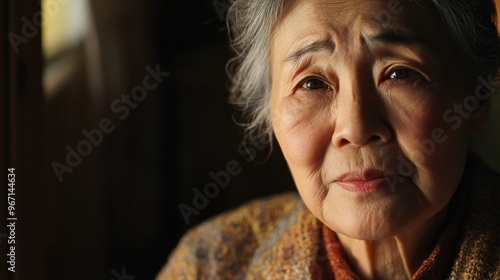 Close-up portrait of an elderly woman with gray hair and wrinkles