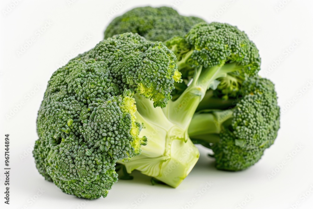 Fresh broccoli florets arranged on a clean white surface, ideal for food styling and photography Fresh broccoli florets arranged on a clean white surface, ideal for food styling and photography
