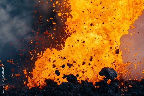 An intense image of molten lava fountaining in a dramatic volcanic explosion, showcasing the hot, vibrant force of magma and the surrounding volcanic landscape. photo