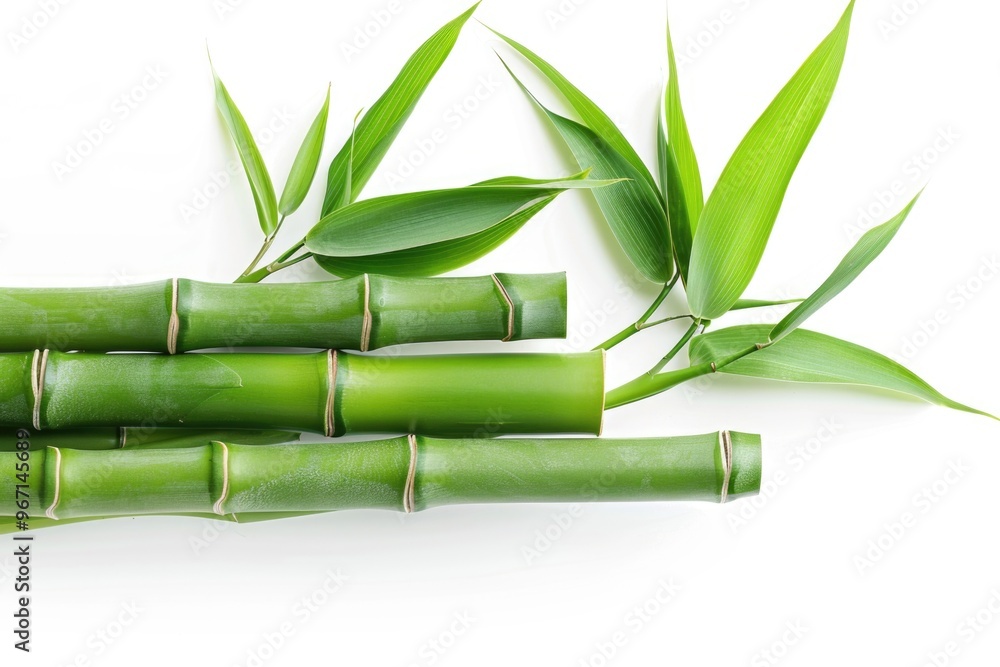 Fototapeta premium A collection of green bamboo sticks arranged on a plain white surface
