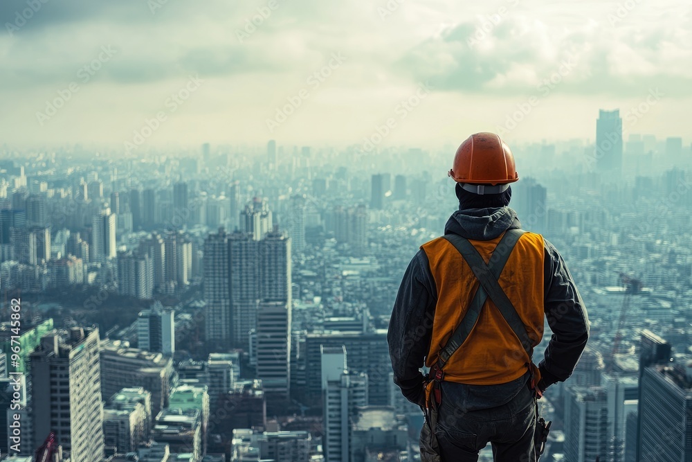 Construction Worker Looking Out at the City Skyline Construction Worker Looking Out at the City Skyline