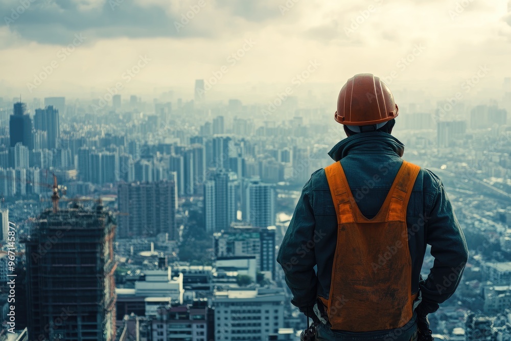 Construction Worker Looking Over Urban Skyline Construction Worker Looking Over Urban Skyline