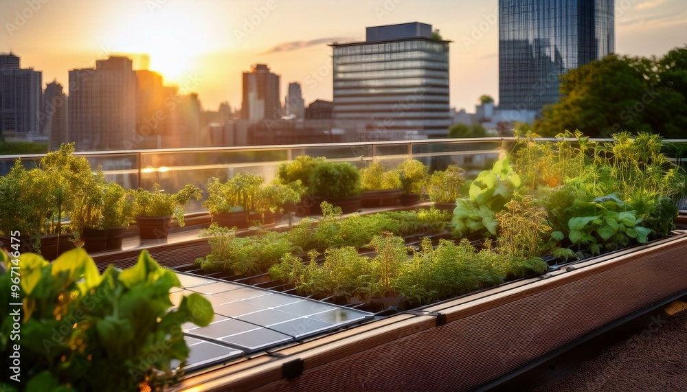 Fototapeta premium Solar Panels on a Rooftop Garden at Sunset