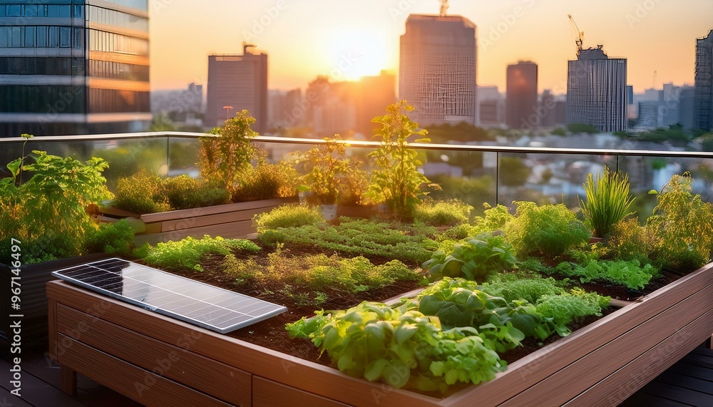 Fototapeta premium Solar Panels on a Rooftop Garden at Sunset
