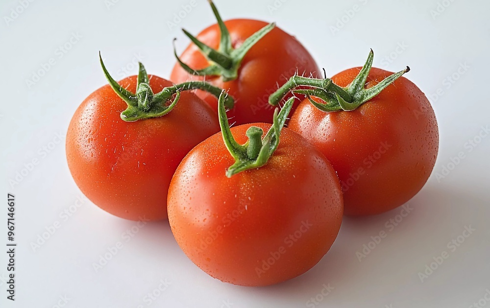 tomatoes on a white background. Four tomatoes with green leaves tomatoes on a white background. Four tomatoes with green leaves