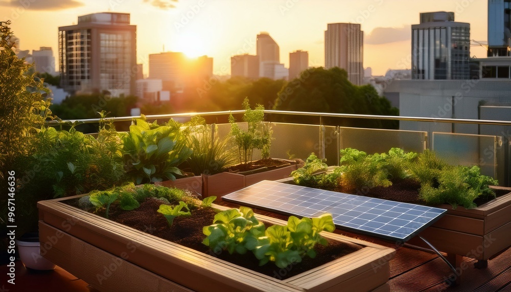 Fototapeta premium Solar Panels on a Rooftop Garden at Sunset