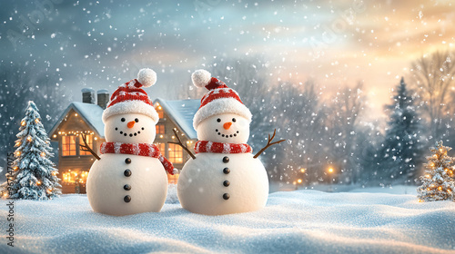 Winter holiday background banner cute snowman Merry christmas and happy new year