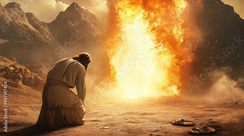 A person in ancient attire kneeling before a burning bush in a desert mountain setting, symbolizing a biblical scene of divine revelation.