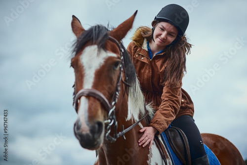 Slika na platnu Horse, smile and child riding on farm for sport, countryside training and equestrian development