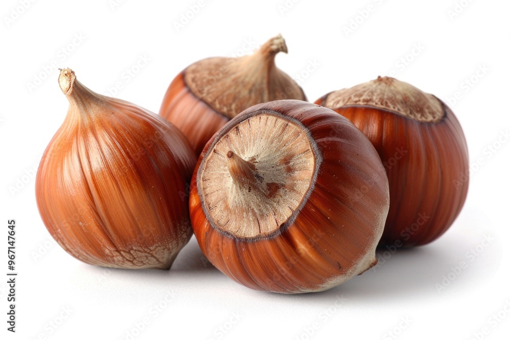 A group of onions sitting together on a flat white background