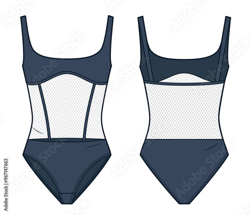 Bodysuit technical fashion illustration. Swimsuit fashion flat technical drawing template, square neck, mesh, slim fit, front and back view, blue, women CAD mockup.