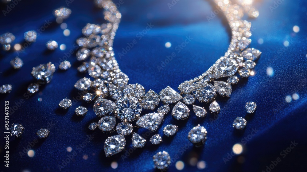 A close-up, high-angle view of a diamond necklace on a deep blue background, its gemstones glittering brightly under soft lighting, evoking opulence A close-up, high-angle view of a diamond necklace on a deep blue background, its gemstones glittering brightly under soft lighting, evoking opulence