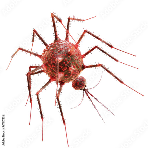 A detailed view of a red and spiky virus-like organism under a microscope showcasing its intricate structure and numerous appendages photo