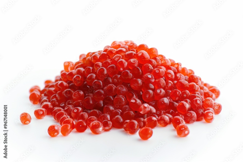 A close-up of red gummy beads stacked on a white surface A close-up of red gummy beads stacked on a white surface