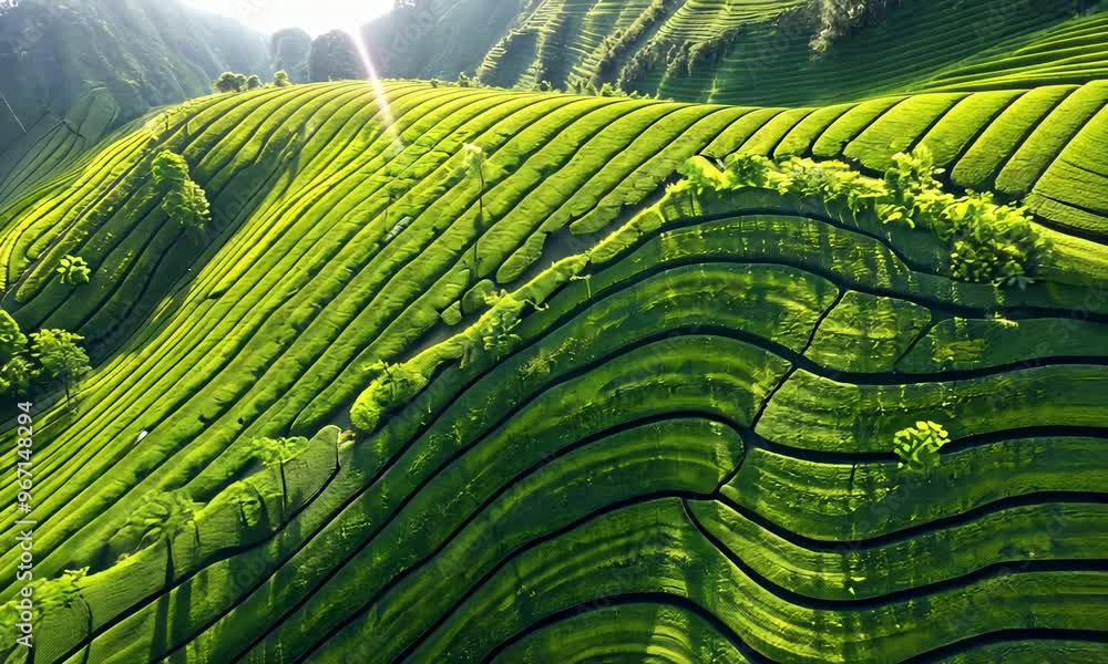Aerial view of vibrant green terraced fields with undulating patterns Aerial view of vibrant green terraced fields with undulating patterns