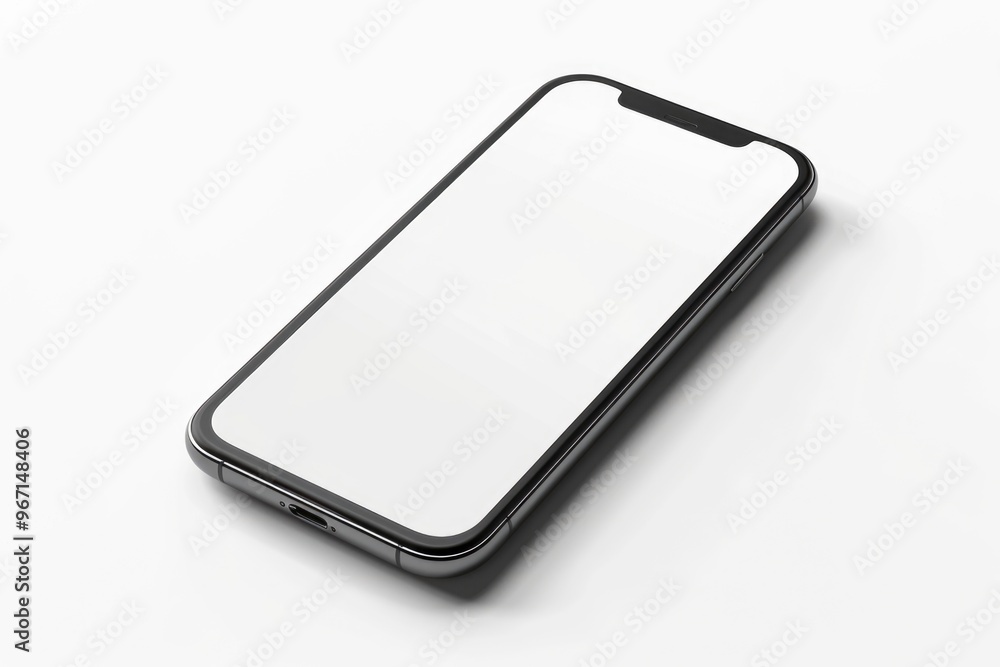 A cell phone with a blank screen sitting on a white surface A cell phone with a blank screen sitting on a white surface