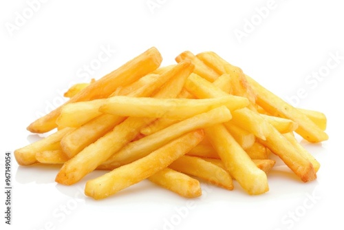 A pile of French fries on a clean white surface, ready for serving