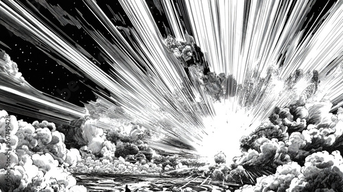 Black and white vector comic book-style illustration depicting a dramatic sky with thick clouds and a bright light bursting through in an explosion effect, capturing a powerful and dynamic scene.