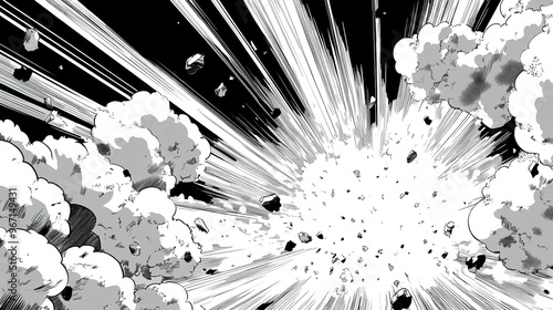 Black and white vector comic book-style illustration depicting a dramatic sky with thick clouds and a bright light bursting through in an explosion effect, capturing a powerful and dynamic scene.