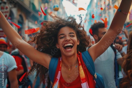 A woman throwing her arms up in joy and freedom photo