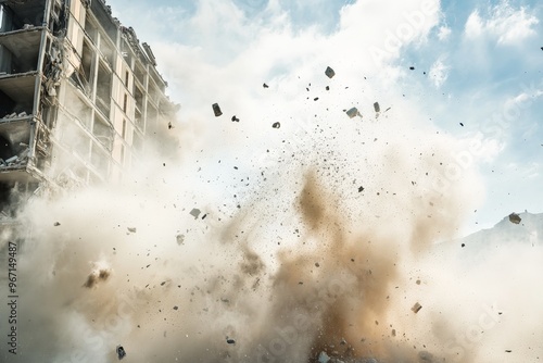 This image captures the moment a building is explosively demolished, sending debris and dust into the air against a backdrop of a slightly cloudy sky during the explosion. photo