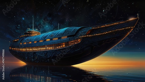 A shimmering ethereal being the fairylike bioluminesce ,a ship on a water in ocean,JPEG photo