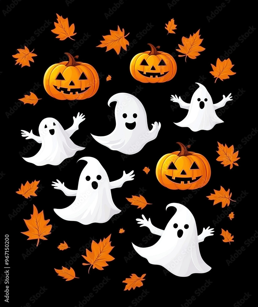 Cute cartoon ghosts and pumpkins pattern design with leaves in orange-pink colors on a black background. A flat, minimalistic vector illustration featuring simple details, high resolution, and crisp q Cute cartoon ghosts and pumpkins pattern design with leaves in orange-pink colors on a black background. A flat, minimalistic vector illustration featuring simple details, high resolution, and crisp q
