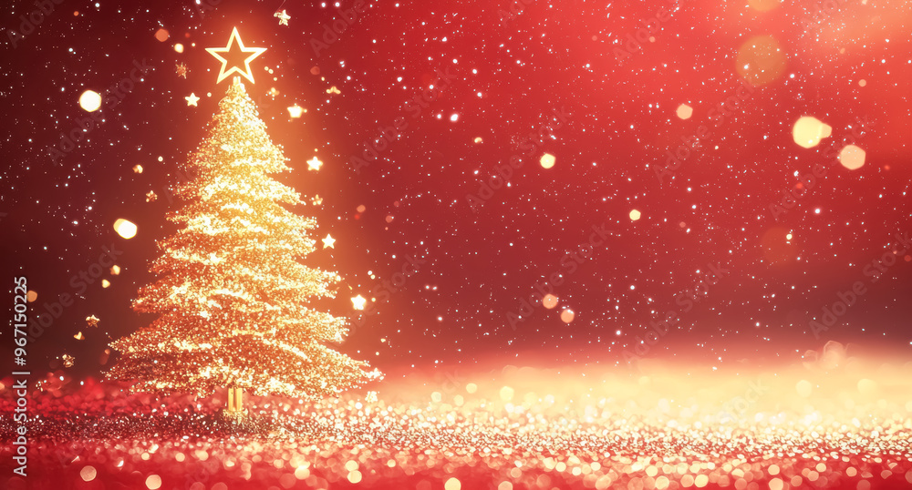 Golden Christmas Tree in a Red Sparkling Ambiance. An awe-inspiring image of a golden Christmas tree bathed in red sparkles and lights.
