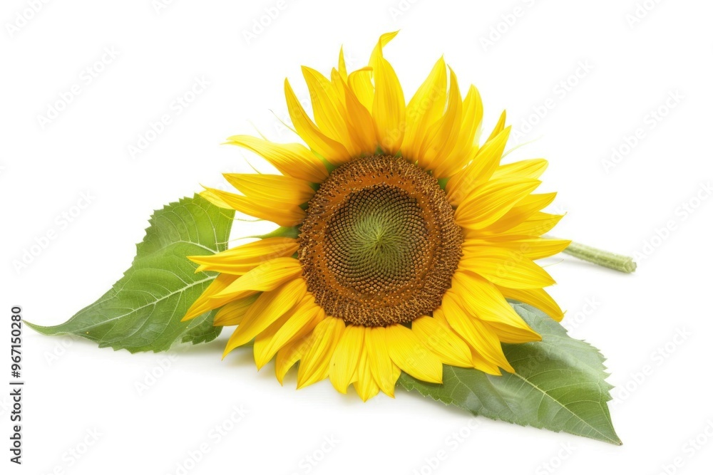 A bright yellow sunflower with green leaves grows on a white background A bright yellow sunflower with green leaves grows on a white background